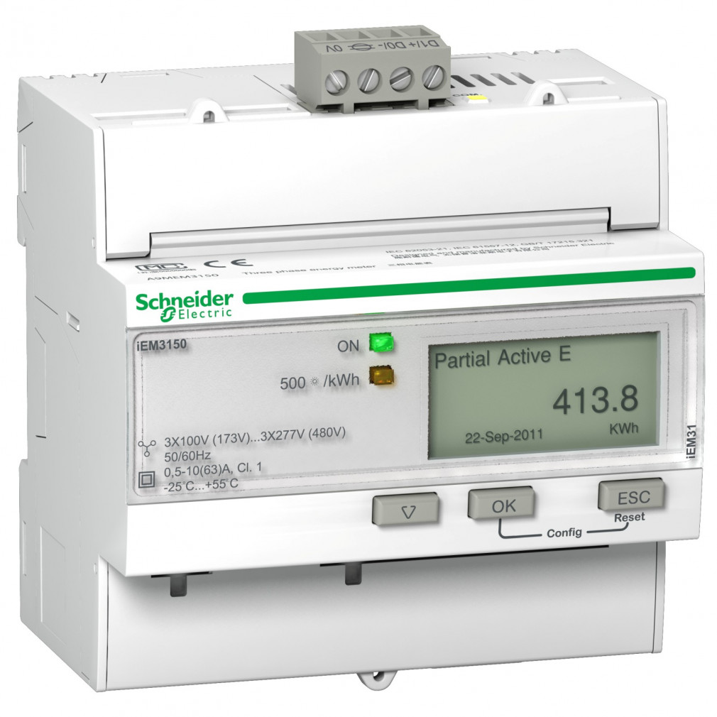 Schneider fogyasztásmérő direkt 3F 63A digitális, DIN sínre, MODBUS A9MEM3150