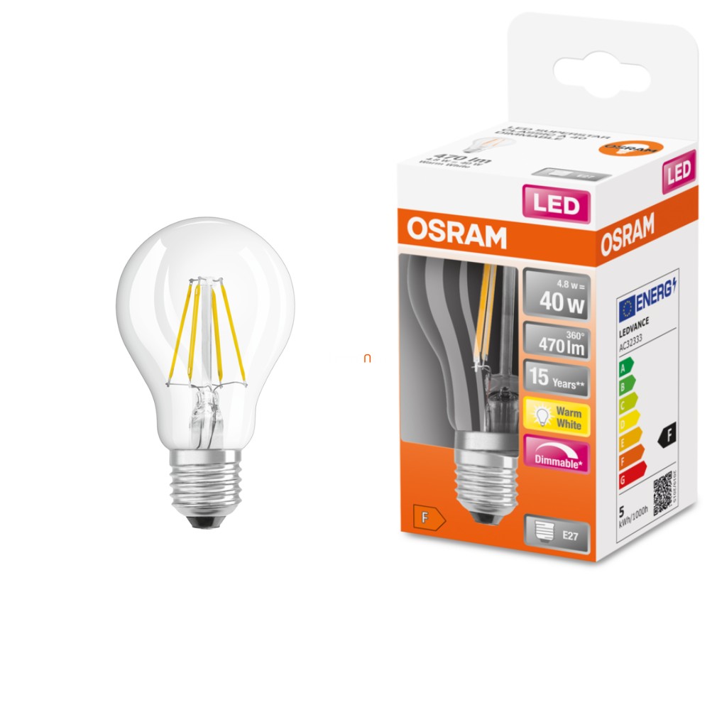 Osram E27 LED SStar 4,8W 470lm 2700K melegfehér, szabályozható 320° víztiszta - 40W izzó helyett