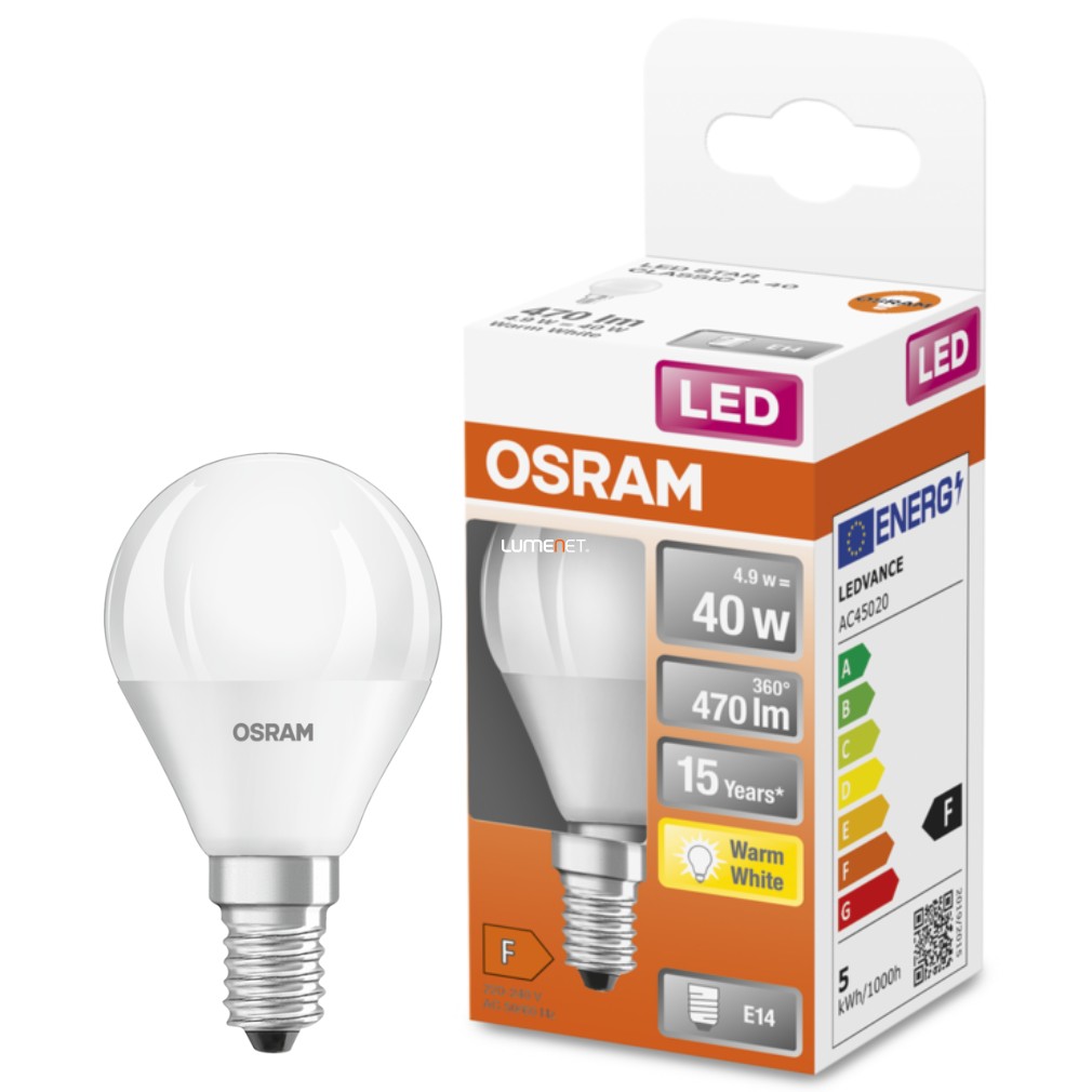 Osram E14 LED Star kisgömb 4,9W 470lm 2700K melegfehér 200° - 40W izzó helyett