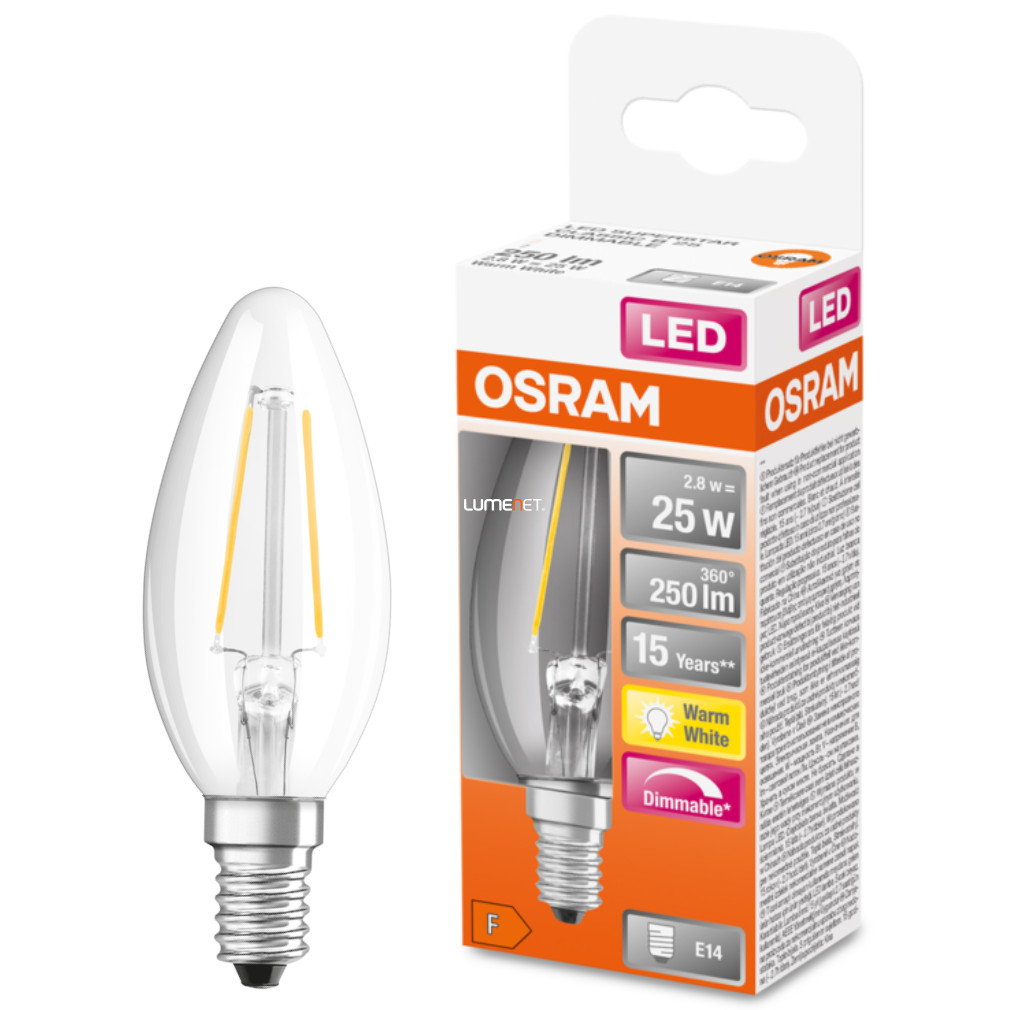 Osram E14 LED SStar gyertya 2,8W 250lm 2700K melegfehér, szabályozható 300° - 25W izzó helyett