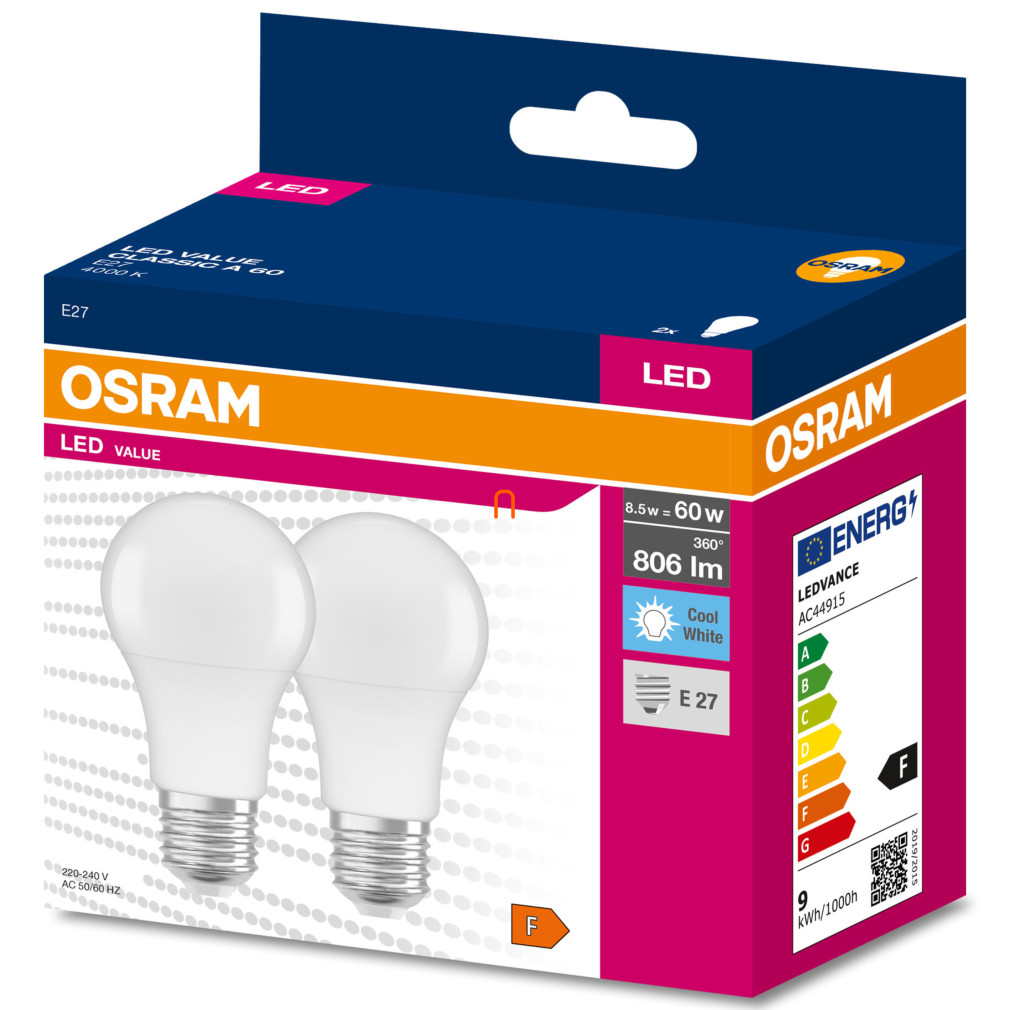 Osram E27 LED Value Classic 8,5W, 806 lm, 4000 K, 60 W izzó helyett (2 darabos)