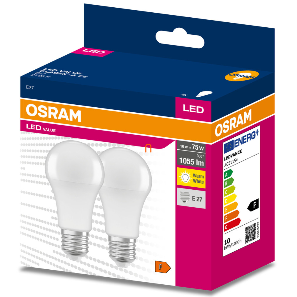 Osram E27 LED Value Classic 10W, 1055 lm, 2700 K, 75 W izzó helyett (2 darabos)