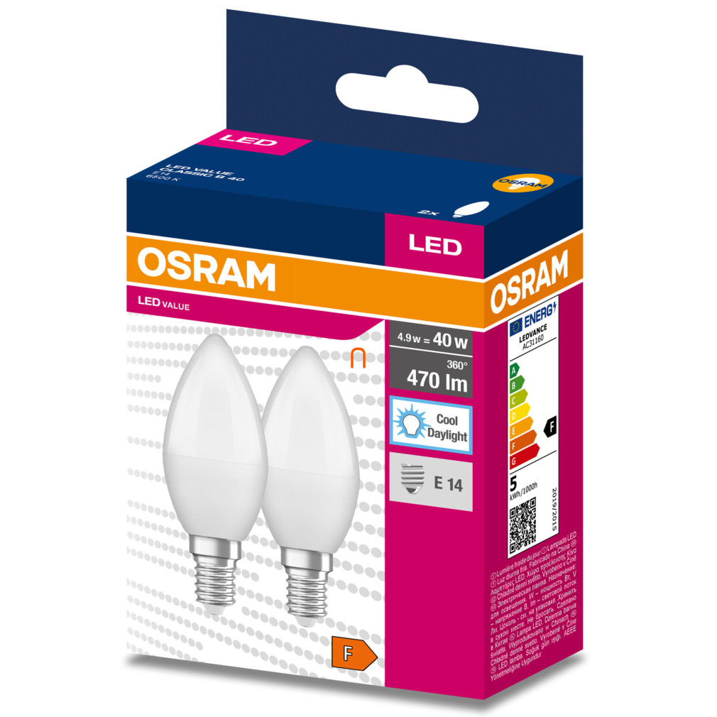 Osram E14 LED Value Classic gyertya fényforrás 4,9W, 470 lm, 6500 K, 40 W izzó helyett (2 darabos)