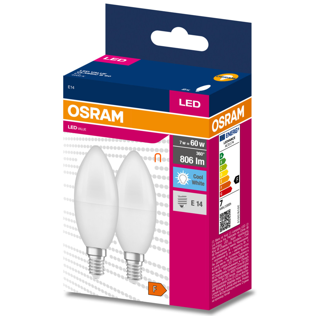 Osram E14 LED Value Classic gyertya fényforrás 7W, 806 lm, 4000 K, 60 W izzó helyett (2 darabos)