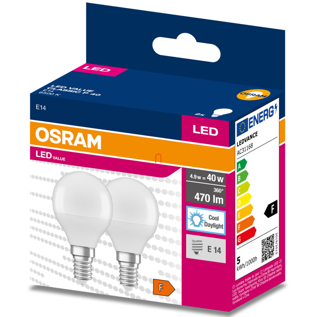 Osram E14 LED Value Classic kisgömb 4,9W, 470 lm, 6500 K, 40 W izzó helyett (2 darabos)