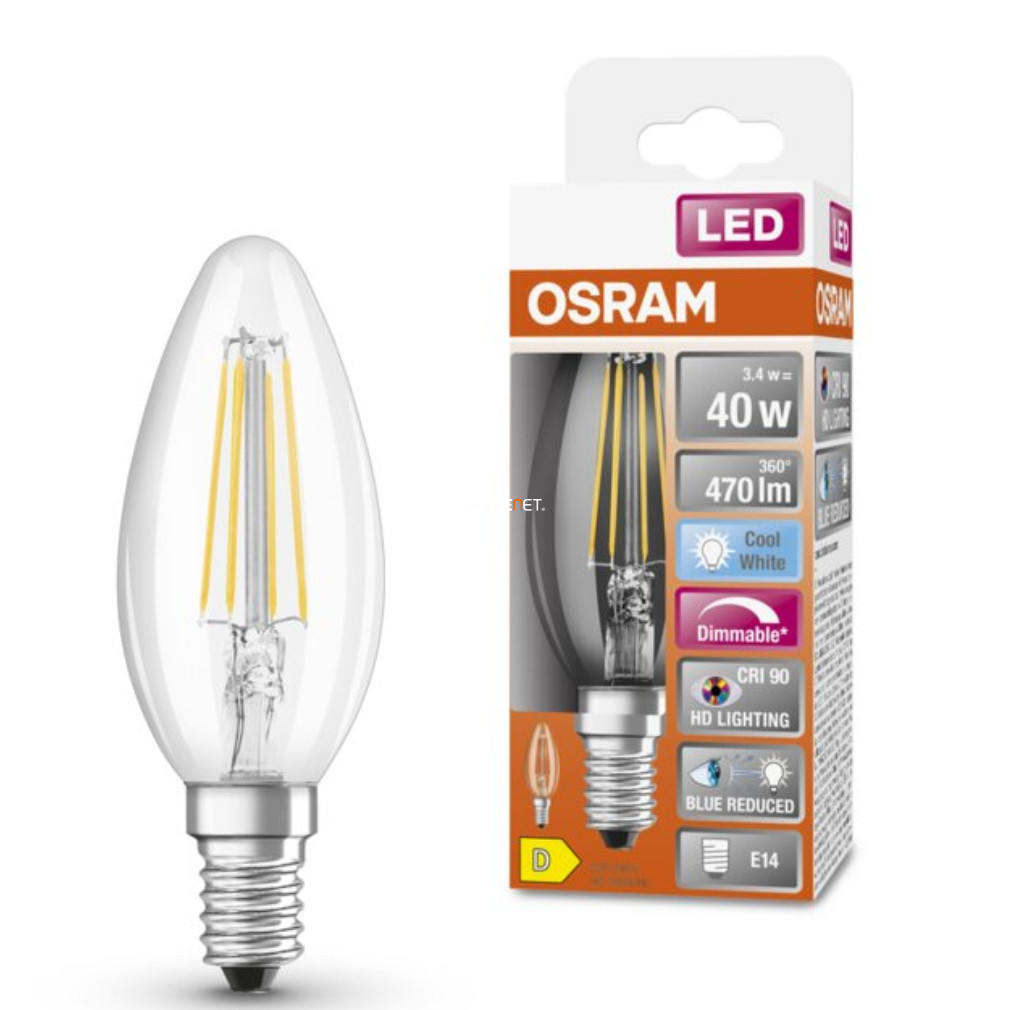 Osram E14 LED SStar+ gyertya 3,4W 470lm 4000K hidegfehér, szabályozható 300° víztiszta - 40W izzó helyett