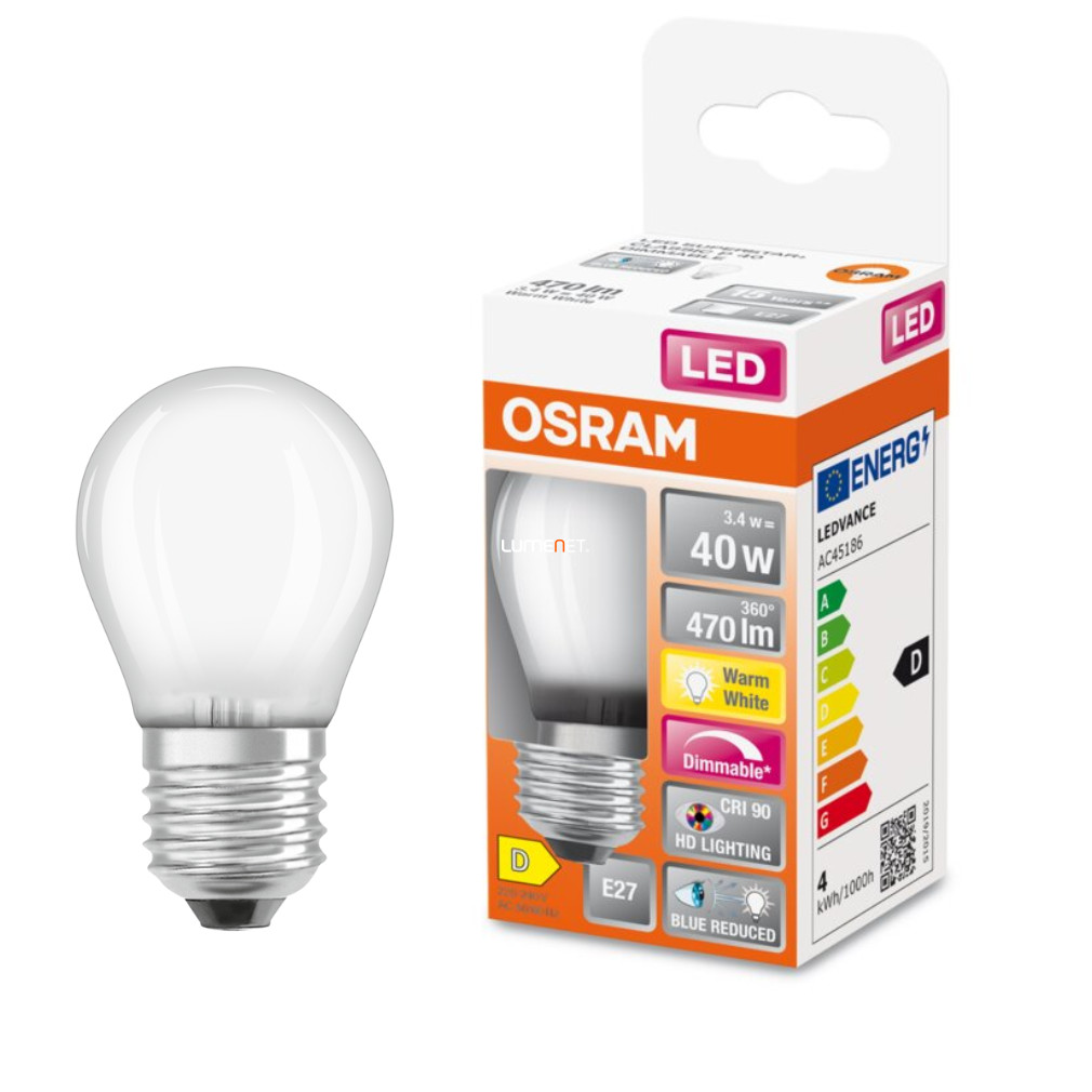 Osram E27 LED SStar+ kisgömb 3,4W 470lm 2700K melegfehér, szabályozható 300° opál - 40W izzó helyett