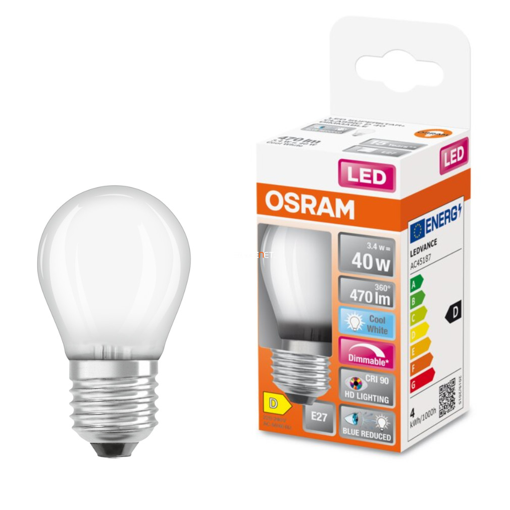 Osram E27 LED SStar+ kisgömb 3,4W 470lm 4000K hidegfehér, szabályozható 300° opál - 40W izzó helyett