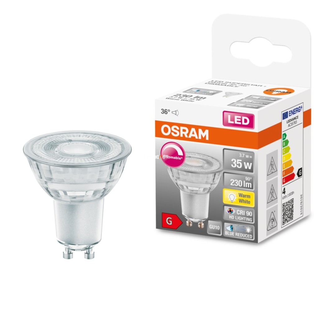 Osram GU10 LED SStar+ 3,7W 230lm 2700K melegfehér, szabályozható 36° - 35W izzó helyett