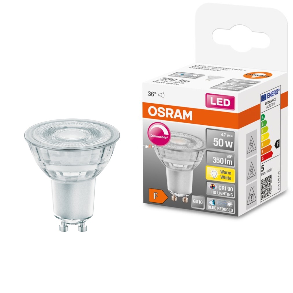 Osram GU10 LED SStar+ 4,7W 350lm 2700K melegfehér, szabályozható 36° - 50W izzó helyett