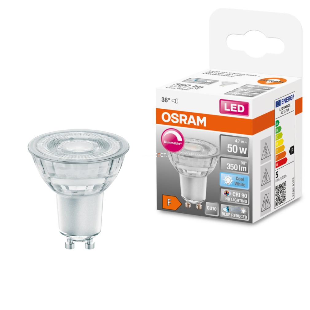 Osram GU10 LED SStar+ 4,7W 350lm 4000K hidegfehér, szabályozható 36° - 50W izzó helyett