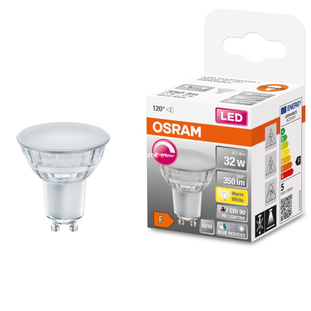 Osram GU10 LED SStar+ 4,1W 350lm 2700K melegfehér, szabályozható 120° - 32W izzó helyett