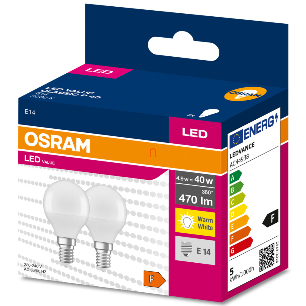 Osram E14 LED Value Classic kisgömb 4,9W, 470 lm, 3000 K, 40 W izzó helyett (2 darabos)