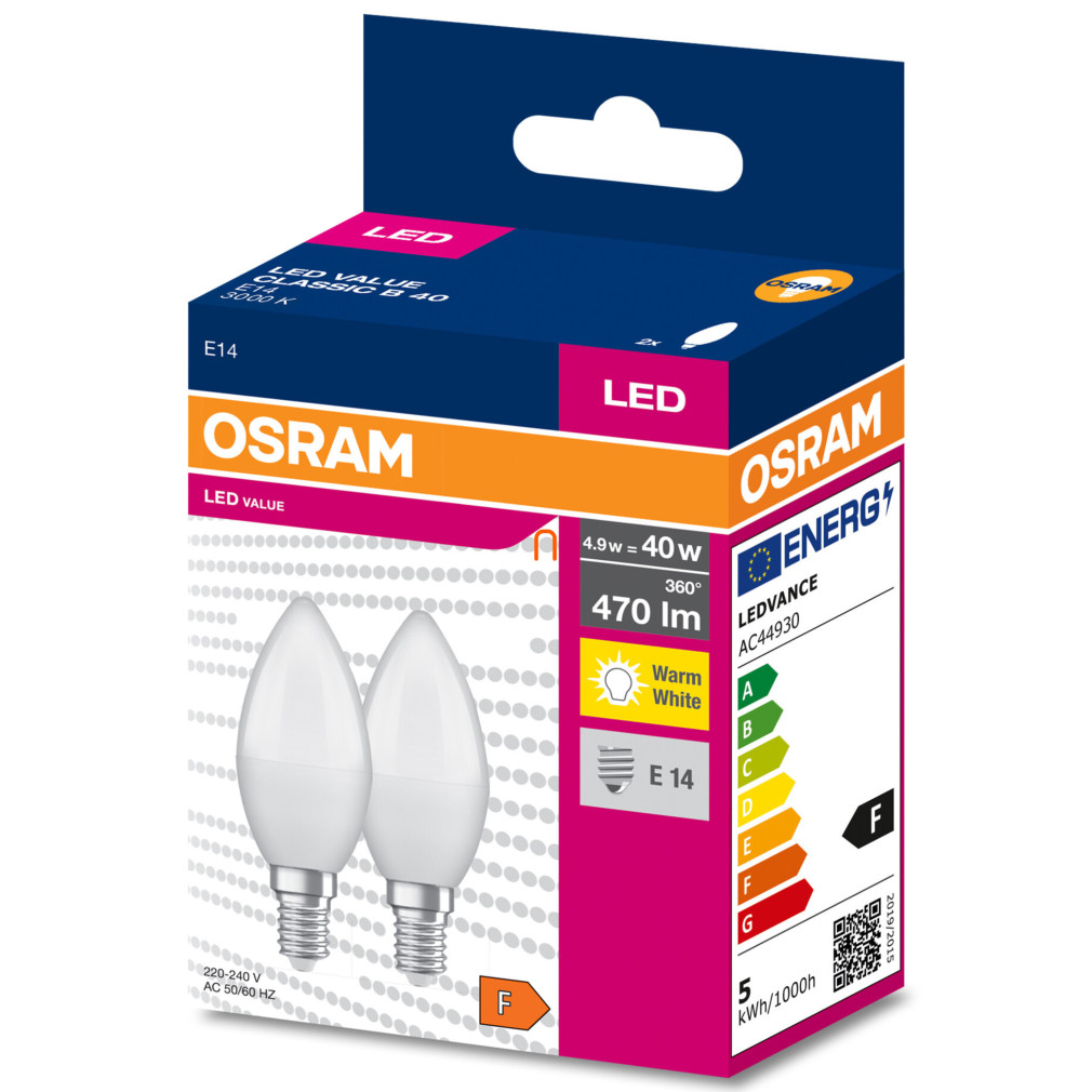 Osram E14 LED Value Classic gyertya fényforrás 4,9W, 470 lm, 3000 K, 40 W izzó helyett (2 darabos)