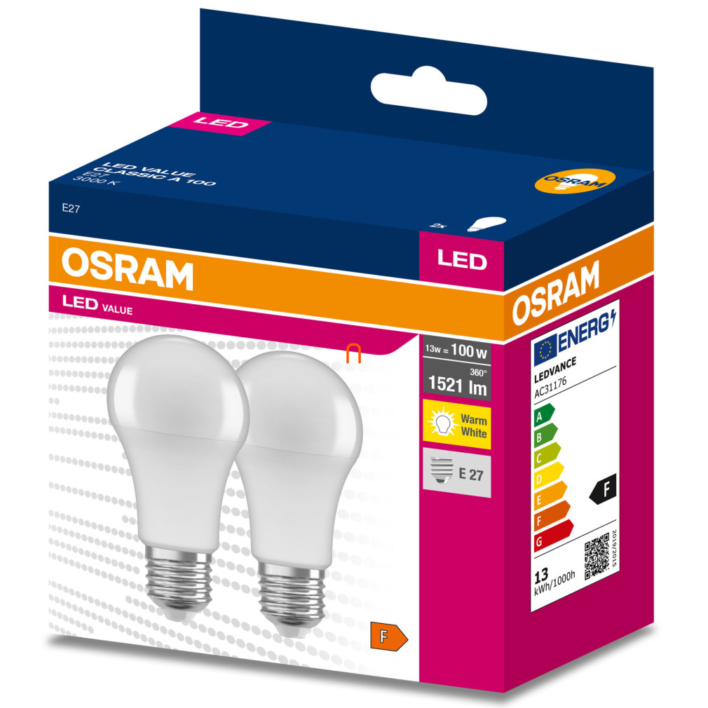 Osram E27 LED Value Classic 13W, 1521 lm, 3000 K, 100 W izzó helyett (2 darabos)