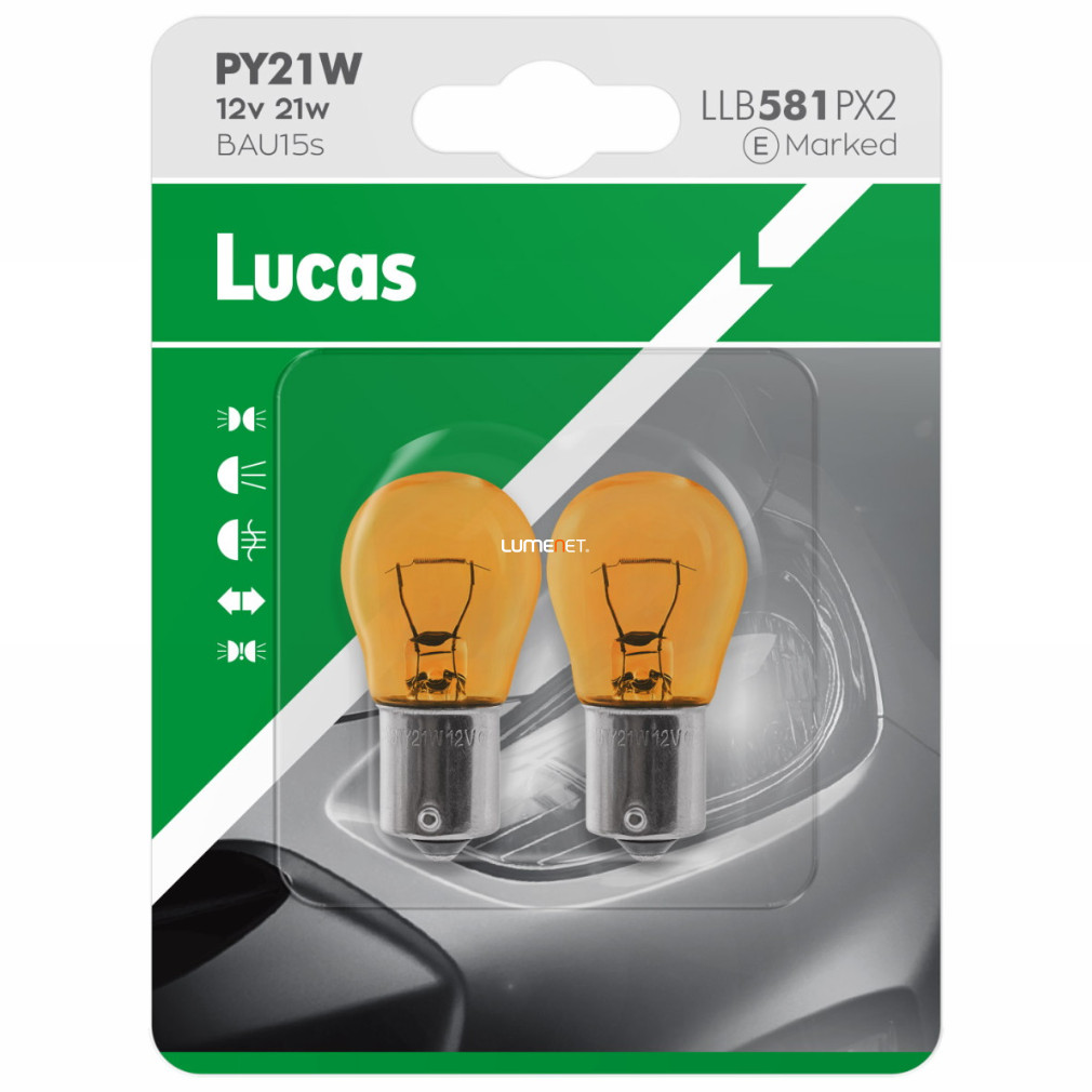 Lucas 12V PY21W sárga jelzőizzó, 2db/bliszter