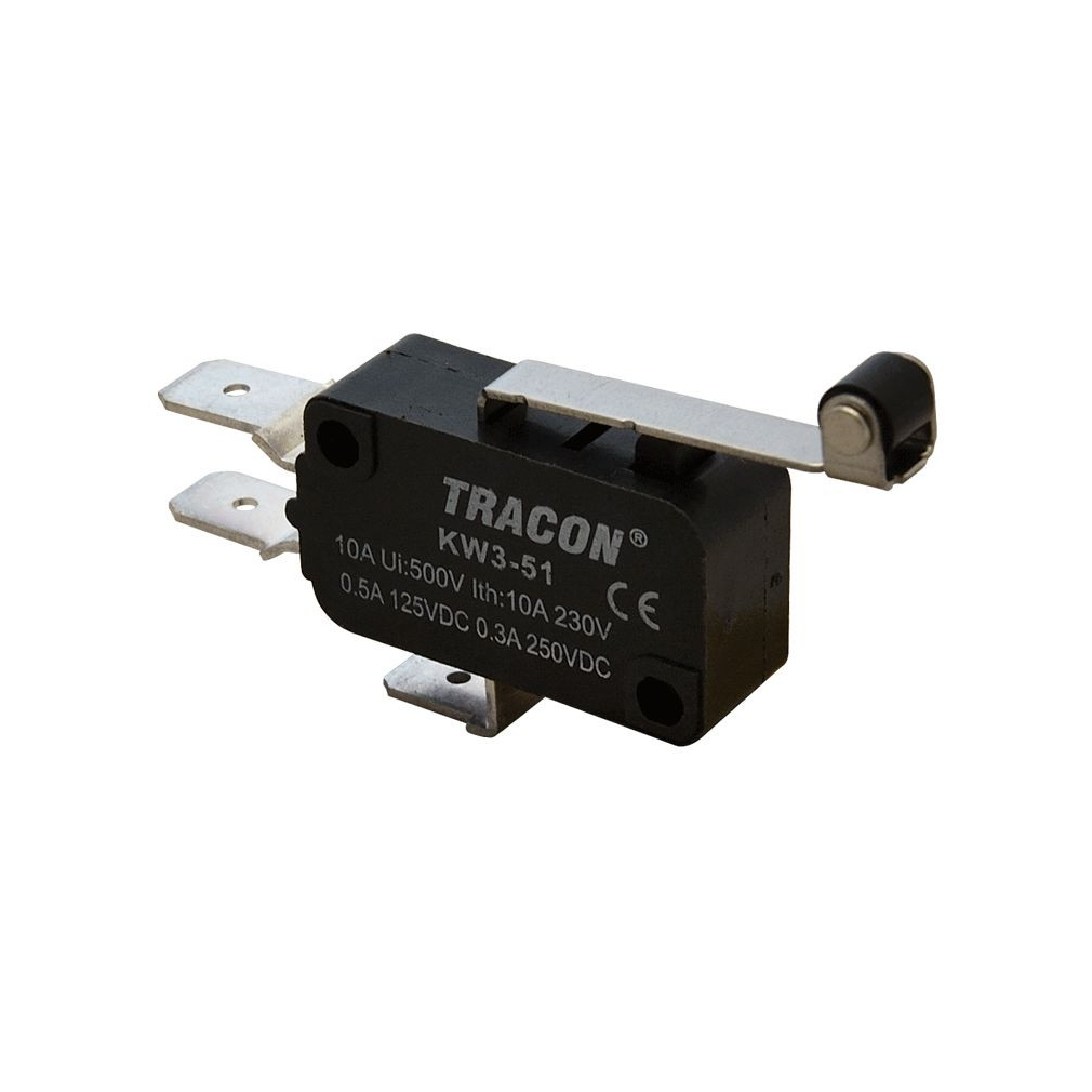 Tracon mikrókapcsoló karos-görgős 16(4)A / 250V AC, 28mm, 6,3x0,8 mm, IP00 KW3-51