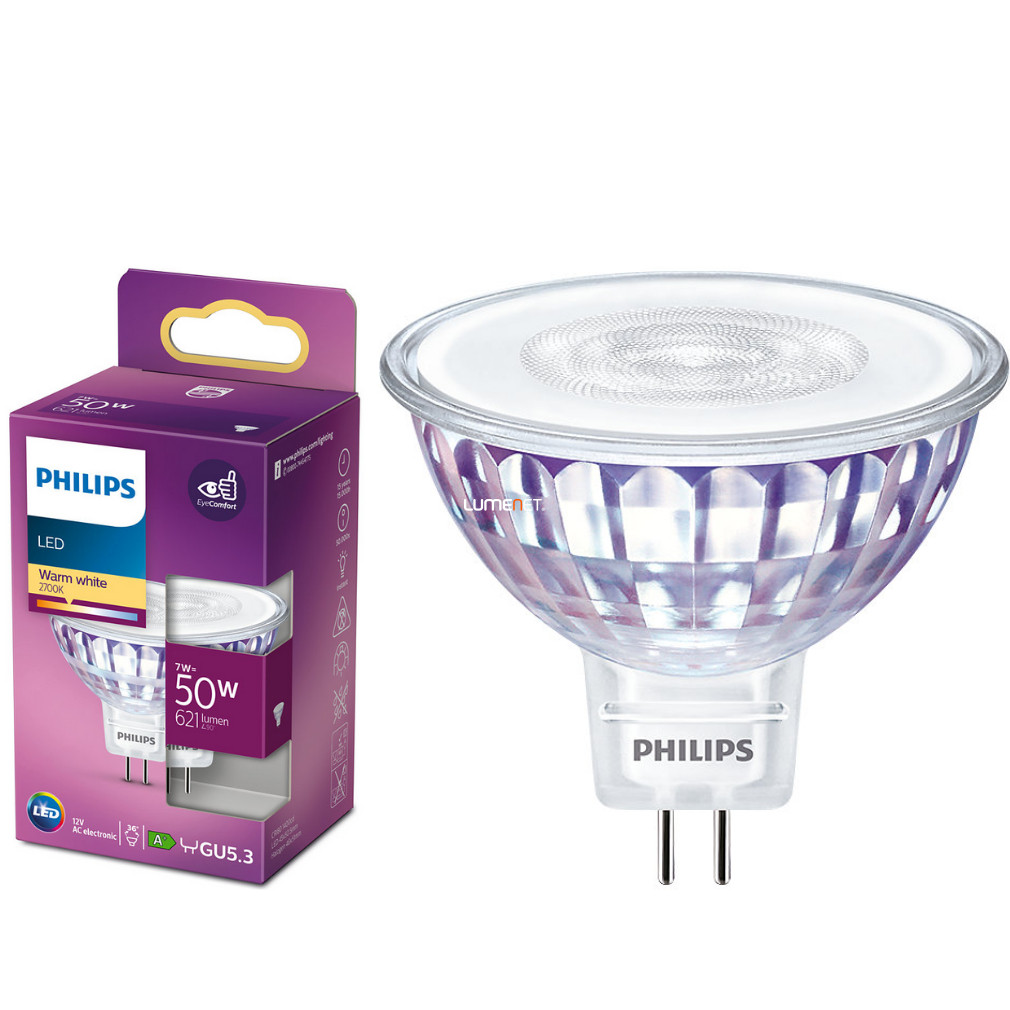 Philips GU5.3 LED 7W 621lm 2700K meleg fehér 36° - 50W izzó helyett