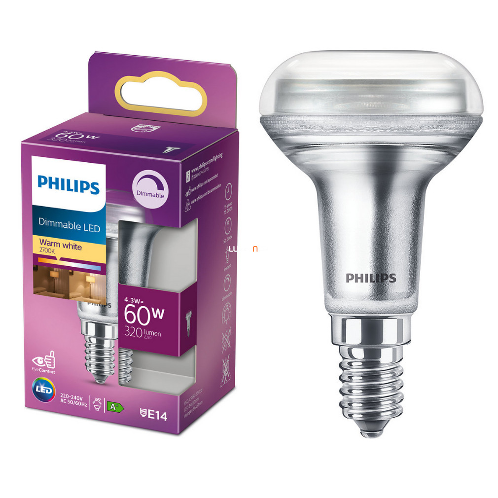 Philips E14 LED R50 4,3W 320lm 2700K meleg fehér szabályozható 36° - 60W izzó helyett