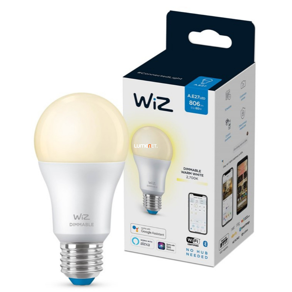 WiZ Wi-Fi A60 E27 LED 8W 806lm CRI90 2700K szabályozható - 60W izzó helyett