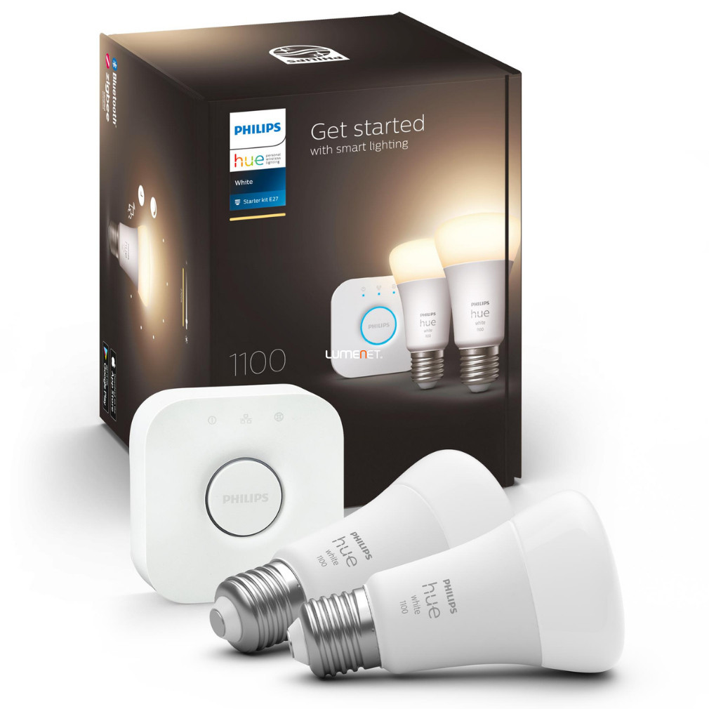 Philips Hue White 9,5W 2700K E27 LED fényforrás, 2db/csomag + Hue Bridge