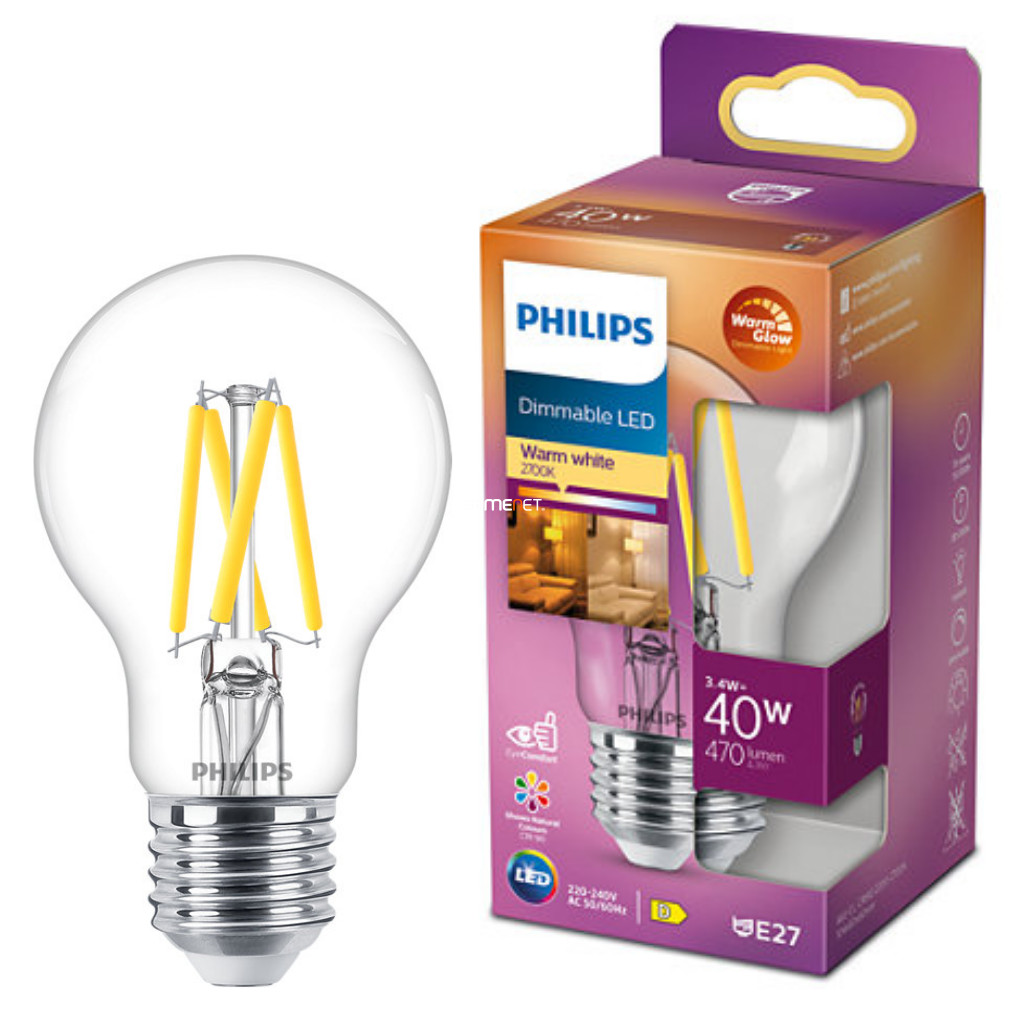 Philips E27 LED víztiszta 3,4W 470lm extra melegfehér - 40W izzó helyett (Calssic WarmGlow)