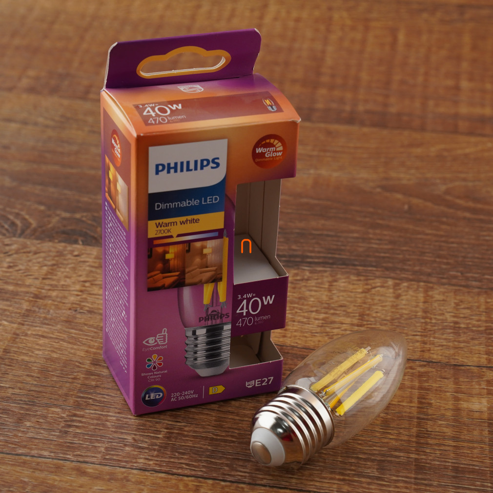 Philips E27 LED gyertya víztiszta 3,4W 470lm extra melegfehér - 40W izzó helyett (Calssic WarmGlow)