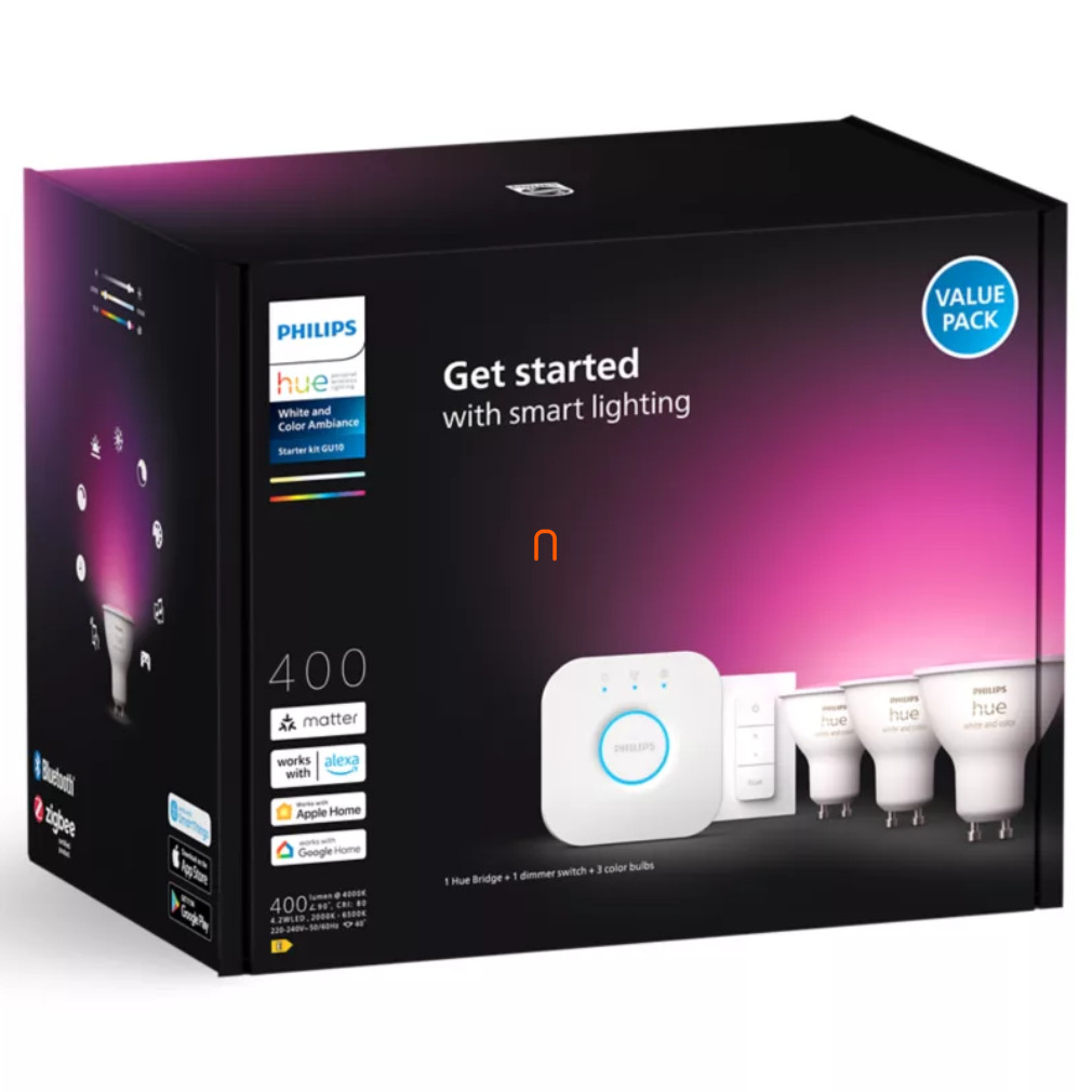 Philips Hue White and Color Ambiance 4,2W GU10 LED fényforrás 3db/csomag + Hue Bridge + DIM Switch