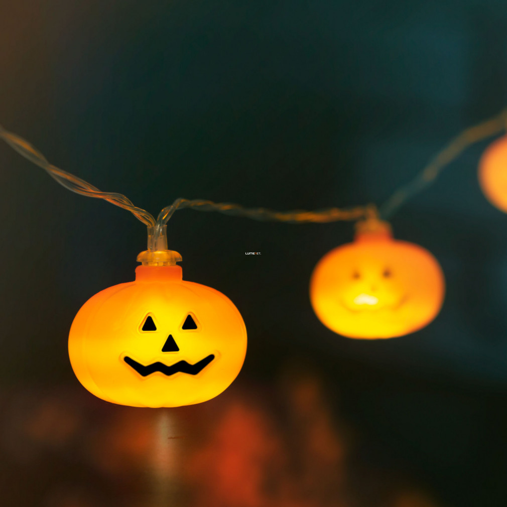 Halloween-i LED-es fényfüzér - tök - 10 LED - 2 x AA - 1,35 m